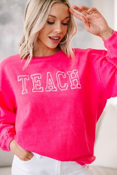 This sweatshirt is for all you teachers out there! You work hard molding the minds of all our little ones! Which is why we think at the very least, we could help keep you cozy and warm this school year! This sweatshirt with its cute embroidery is perfect for keeping in your classroom for when you get chilly or any time you want to feel comfy but cute! This sweatshirt features a crew neckline, long sleeves, a corded fabric, and cute embroidery. Material has a generous amount of stretch.Cam is wea Sweatshirt Outfit, Mint Julep, Fuchsia Pink, Embroidered Sweatshirts