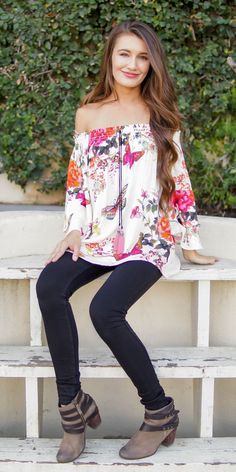 Spring Long Sleeve Off-shoulder Top With Ruffles, Spring Off-shoulder Top With Long Sleeves And Ruffles, Off-shoulder Printed Blouse For Vacation, Printed Off-shoulder Blouse For Vacation, Summer Floral Print Off-shoulder Top, Chic Multicolor Off-shoulder Blouse, Chic Off-shoulder Multicolor Blouse, Long Sleeve Off-shoulder Top For Spring Day Out, White Off-shoulder Blouse For Spring