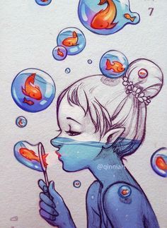 a drawing of a girl blowing bubbles with goldfish in the water around her head