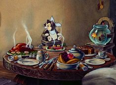 a painting of a cat sitting at a table with food on it and a fish bowl