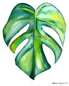 a watercolor painting of a green leaf