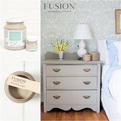 a bedroom with white furniture and blue wallpaper on the walls, along with a sign that says fusion mineral paint