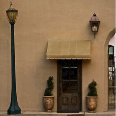 a lamp post sitting in front of a building next to a street light and potted plants