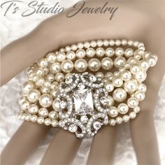 Pearl Cuff Bridal Bracelet with Crystal Rhinestone Focal Wedding Jewelry And Accessories, Bridal Jewlery, Bridal Cuff Bracelet, Pearl Wedding Jewelry, Bridal Cuff, Pearl Bracelet Wedding, Cultured Pearl Bracelet, Pearl Cuff, Pearl Bracelets