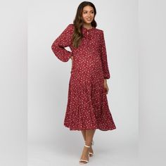 A Floral Print Maternity Midi Dress With Long Cinched Sleeves, A Tiered Body, And A Tie Front/Front Button Closure. Features Ruffle Accents At The Shoulder And Around The Neckline. No Size Tag So Refer To Measurements. Bust And Waist Measure 20.5 Inches Across. New Without Tags Inventory #P9564 Flowy Midi Dress, Maternity Midi Dress, Size Tag, Blush Pink, Floral Print, Floral Prints, Midi Dress, Womens Dresses, Tags