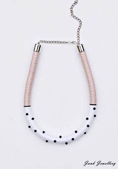 ** RASPBERRY RICOTTA ** ICE-CREAM POLKA DOT COLLECTION ** SS2018 A beautiful handmade necklace. The colour is a combination of white and pink with black plastic beads. It's around 40 cm in length. It's light and flexible and the length is easily adjusted with a chain. It's perfect for spring and summer and it's suitable for every style and occasion. If you like the design, but not the colours, that could be changed providing the desired colour is in stock. It comes nicely packed in a pillow box, Rope Jewelry Diy, White Necklaces For Jewelry Making In Spring, White Round Necklaces For Summer, Handmade White Necklaces For Spring, Cute White Necklaces For Spring, Rope Earrings, Homemade Necklaces, 14k Rose Gold Wedding Ring, Yarn Bracelets