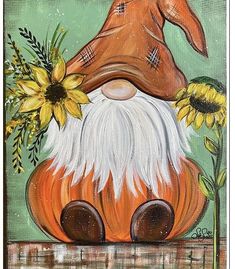 a painting of an orange gnome with sunflowers