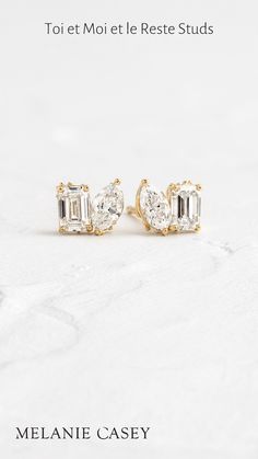 A part of our classic Toi et Moi collection, these stud earrings feature a marquise cut diamond and an emerald cut diamond, set in 14k gold. See more photos at melaniecasey.com! Emerald Cut Diamond Earrings, Classic Diamond Earrings, Studs Diamond, Melanie Casey, Diamond Earrings Design, Earrings Aesthetic, Minimalist Earrings Studs, What A Girl Wants, Minimalist Studs