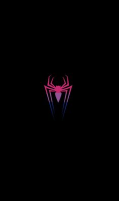 the spiderman logo is shown in pink and blue on a black background, with an orange