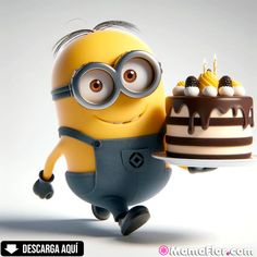 a minion holding a cake with candles on it and the caption descarra au