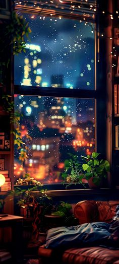 a room with a large window that has city lights in the background and plants on the floor