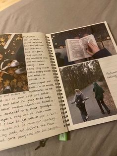 an open book with pictures of people walking on the road and writing notes in it