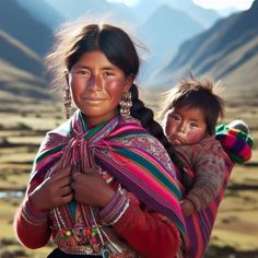 a woman holding a baby in her arms and smiling at the camera with mountains in the background