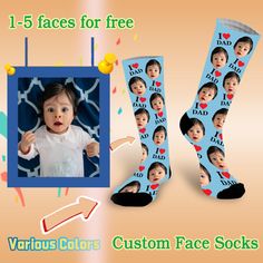 a pair of socks with pictures of children's faces on them and the words, 1 - 5 faces for free