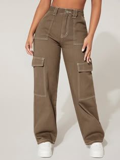 Mocha Brown  Collar  Denim Plain Straight Leg Embellished Non-Stretch  Women Denim Cargo Pants Outfit Teen Girl, Light Brown Cargo Pants, Jean Cargos, Flap Pocket Cargo Jeans, Jeans Cargos, Cargo Pants Color, Brown Clothing, Cargo Pants Style, Style Cargo Pants