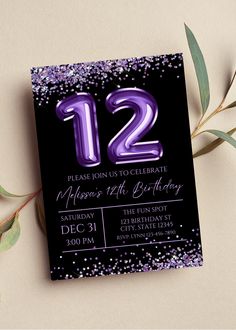 purple and black birthday party card with silver confetti on the bottom, number 12