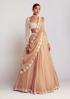 Vvani By Vani Vats | Beige Pearl Embellished Lehenga Set | INDIASPOPUP.COM Sweetheart Blouse, Vani Vats, Organza Lehenga, Pearl Chandelier, Dresses Traditional