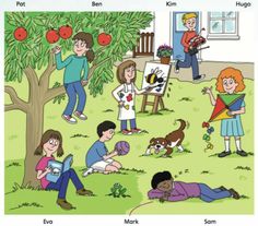 children are playing in the yard with an apple tree