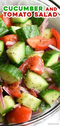 cucumber and tomato salad in a glass bowl with text overlay that reads cucumber and tomato salad