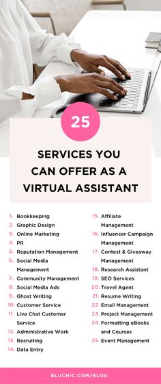 a woman typing on her laptop with the text 25 services you can offer as an virtual assistant