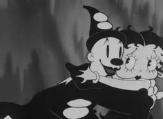 two cartoon characters hugging each other in black and white