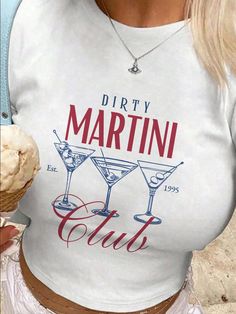 Camiseta "Vintage Preppy Dirty Martini Coquette Baby", con arte dibujado a mano "Tini Time", "Nueva York 2000 Y2K Cool Girl 90s Retro Cocktail Shirt" DIRTY MARTINI Club Est 1995 Blanco Casual  manga corta Tela Animal,Dibujos animados,Color combinado,Figuras,Letras,Plantas,Frase,Estampado Integral  Elástico Ligero Verano Women Clothing, size features are:Bust: ,Length: ,Sleeve Length: Coquette Vintage, Womens Wide Leg Pants, Vintage Preppy, Dirty Martini, Nova York, Baby T Shirts, Vintage Cocktail, Baby T Shirt, Art Shirts