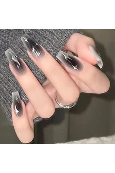 24PCS Grey Black Press on Nails Medium Length Fake Nails Glossy White Silver False?Nails Star Moon Blush designs Artificial Acrylic fingernails for Women Girls Full Cover Glue on Nails Paznokcie Hello Kitty, Unghie Sfumate, Nagel Tips, Grunge Nails, Pretty Gel Nails, Nail Swag