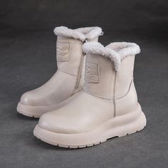 Gender: Women Type: Boots Main Materials: Cowhide Lining: Faux Fur Insole: Faux Fur Sole: Rubber Type of Closure: Zipper Style: Daily, Casual, Retro Season: Winter Heel Height: Medium (5 cm) Winter Mid-calf Boots With Zipper And Round Toe, Winter Mid-calf Boots With Zipper Closure And Round Toe, White Winter Platform Boots With Zipper, White Platform Boots With Zipper For Winter, Winter Boots With Zipper Closure And Flat Heel, Winter Mid-calf Boots With Zipper Closure, Winter Synthetic Boots With Zipper, Winter Synthetic Boots With Zipper Closure, Winter Flat Heel Faux Leather Platform Boots