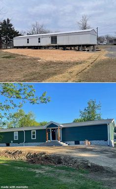 before and after pictures of a mobile home being built in the middle of a field