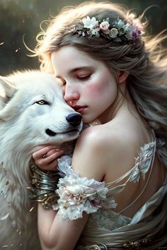 a woman is hugging a white wolf with her eyes closed and hair blowing in the wind