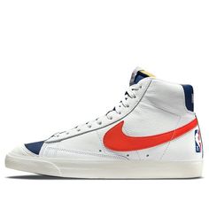 Celebrate the 75th anniversary of the NBA with the Nike NBA x Blazer Mid '77 EMB '75th Anniversary Knicks'. This iconic silhouette features a white upper with orange, blue void and sail accents, perfect for any activity. The rubber sole provides superior traction and durability. The design is inspired by the classic 1977 Blazer, making it a must-have for any sneaker collection. Get your pair of the Nike NBA x Blazer Mid '77 EMB '75th Anniversary Knicks' and show your support for the NBA. (SNKR/S Throwback Nike High-top Sneakers, Throwback Basketball Shoes With Branded Insole, Nike Mid-top Throwback Basketball Shoes, Nike Throwback Basketball Shoes, Throwback Basketball Sneakers, White High-top Basketball Shoes With Logo, Throwback High-top Basketball Shoes For Sports, Nike Retro Basketball Shoes, Nike Collegiate Basketball Shoes