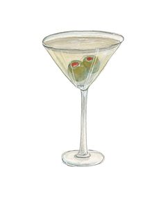 a drawing of a martini glass with olives in it