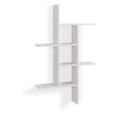 a white shelf with three shelves on each side