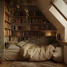 an attic bedroom with bookshelves and a bed in the corner that is made up