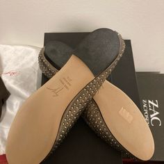 **Price Is Firm** - Brand New, Never Worn - Crystal Style - Size: 37.5 Gz Runs Half Size Smaller, It Will Fit For Size 36.5-37 Designer Evening Flats With Flat Heel, Designer Evening Flats With Leather Sole, Party Slip-on Flats With Leather Sole, Slip-on Flats With Leather Sole For Party, Elegant Party Flats With Studded Rubber Outsoles, Luxury Almond Toe Flats For Party, Leather Flats Women, Black Suede Flats, Metallic Flats