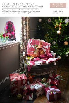 a chair covered in presents next to a christmas tree with decorations on it and the words style tips for a french country cottage christmas