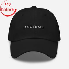 "Show your love for the world's favorite sport with our trendy and comfortable \"FOOTBALL\" Yupoong 6245CM dad hat! This top-notch embroidered cap is the ideal gift for football enthusiasts, players, or anyone who admires the thrilling game of football. Our FOOTBALL dad hat boasts: - A premium Yupoong 6245CM dad hat - 100% cotton for the ultimate comfort - Unisex design, suitable for all genders - Classic six-panel construction with a curved visor - Low-profile, unstructured style for a relaxed Trendy Sports Hats With Letter Print, Trendy Snapback Dad Hat For Sports, Trendy Curved Bill Hat For Sports Events, Trendy Curved Brim Hat For Sports Events, Dad Hat For Sports Events, Trendy Baseball Cap For Sports Events, Trendy Dad Cap For Sports, Trendy Curved Bill Baseball Cap For Sports Events, Trendy Hats For Baseball Season Sports Events