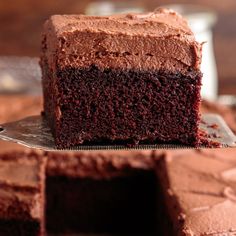 a piece of chocolate cake sitting on top of a pan