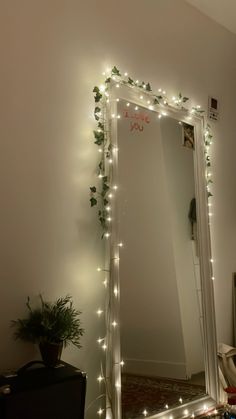 a mirror that has some lights on it in front of a wall with a potted plant