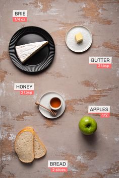 an image of bread, apples and butter on a table with labels for different types of food