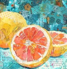 an art journal page with oranges and words on the pages, including one cut in half