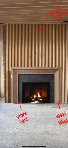 a fireplace with some red arrows pointing to the fire place and where it is located