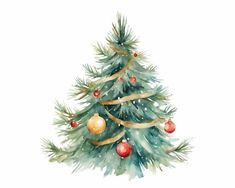 a watercolor christmas tree with red and gold ornaments on it's branches, against a white background