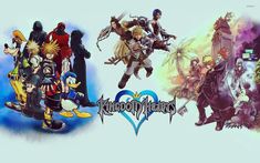 kingdom hearts wallpaper with all the characters in their respective outfits and costumes, as well as an image of them