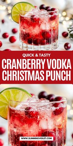 cranberry vodka christmas punch with lime and cranberries