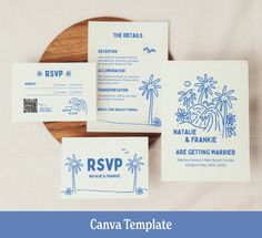 wedding stationery with palm trees and blue ink on white paper, including the rsvp