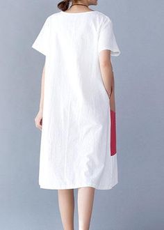 Natural White Patchwork Color Cotton Linen Wardrobes Short Sleeve Loose Summer Dresses White Patchwork Shift Dress, White Shift Dress With Patchwork, White Shift Dress Solid Color, White Patchwork Dress For Work, White Patchwork Knee-length Dress, White Knee-length Patchwork Dress, Casual Solid Color Dresses With Patchwork, Casual Solid Color Dress With Patchwork, White Solid Color Dress For Work