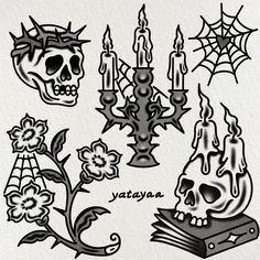 various tattoos with skulls, candles and flowers on them are shown in black and white