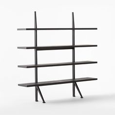 a black shelf with three shelves on each side and one is holding two bookshelves