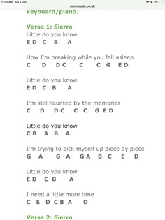 the guitar chords are arranged in green and white, with words that read'little do you